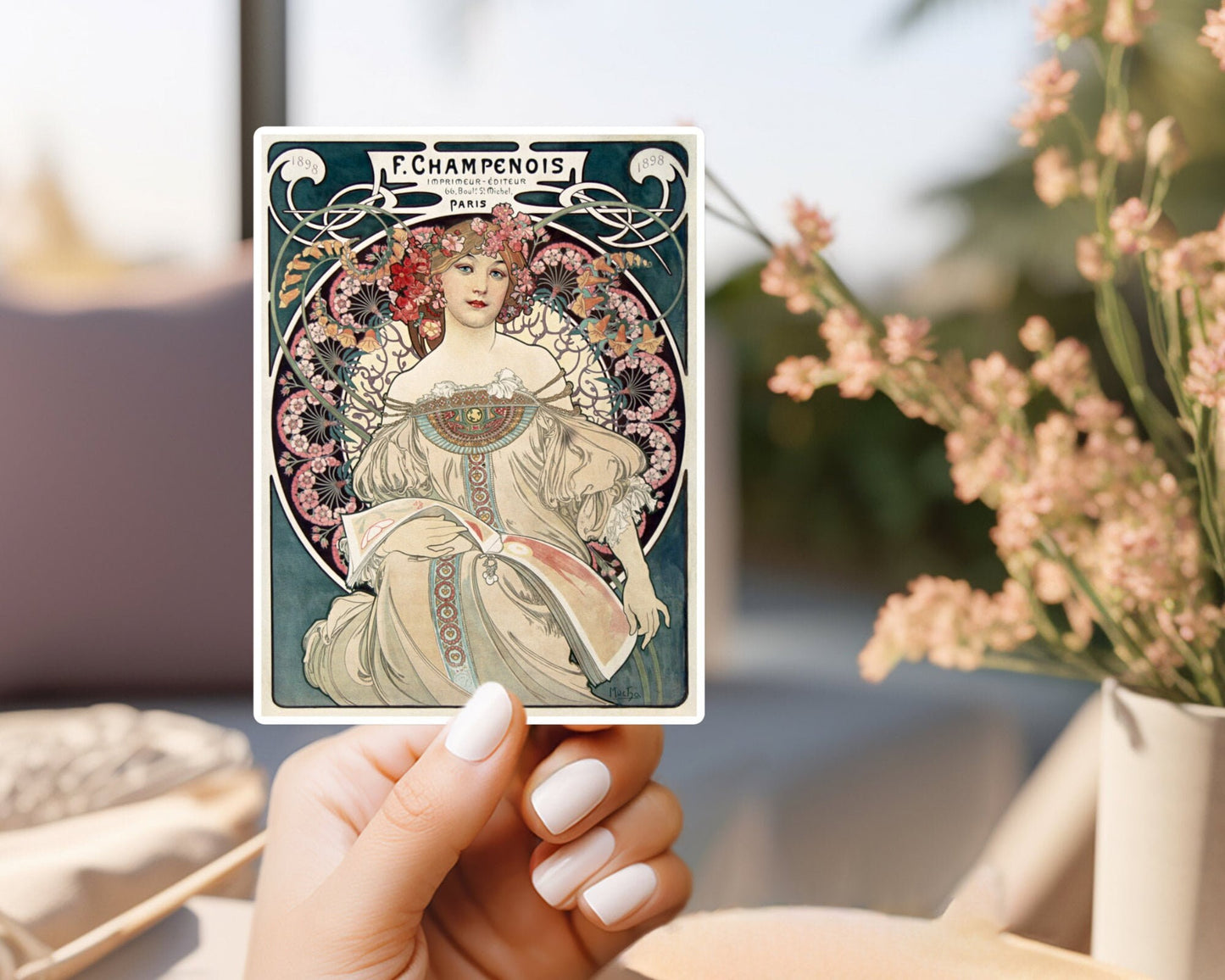 F. champenois imprimeur-editeur, by alphonse mucha sticker | for water bottle, hardhat, skateboard, laptop, phone case, weatherproof, vinyl