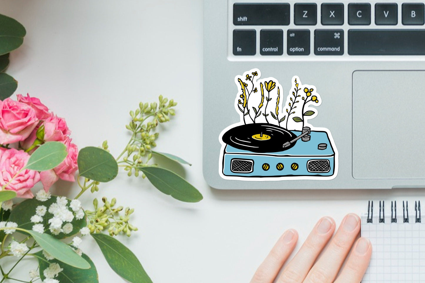 Vintage look sticker, hippie sticker, waterproof vinyl sticker, water bottle sticker, laptop sticker, record player, vinyl player floral