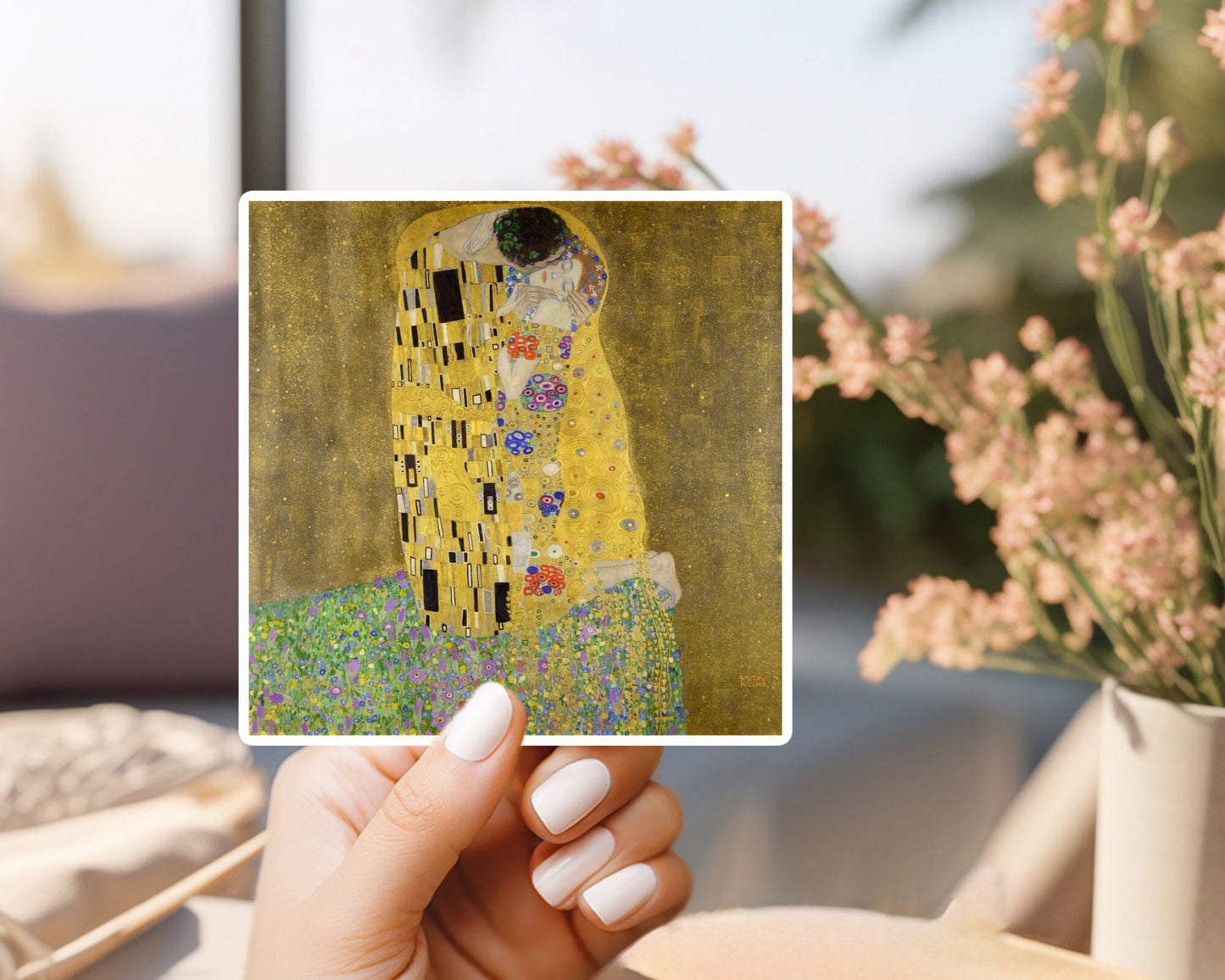 Gustav klimt's the kiss sticker | for water bottle, hardhat, skateboard, laptop, phone case, weatherproof, vinyl sticker