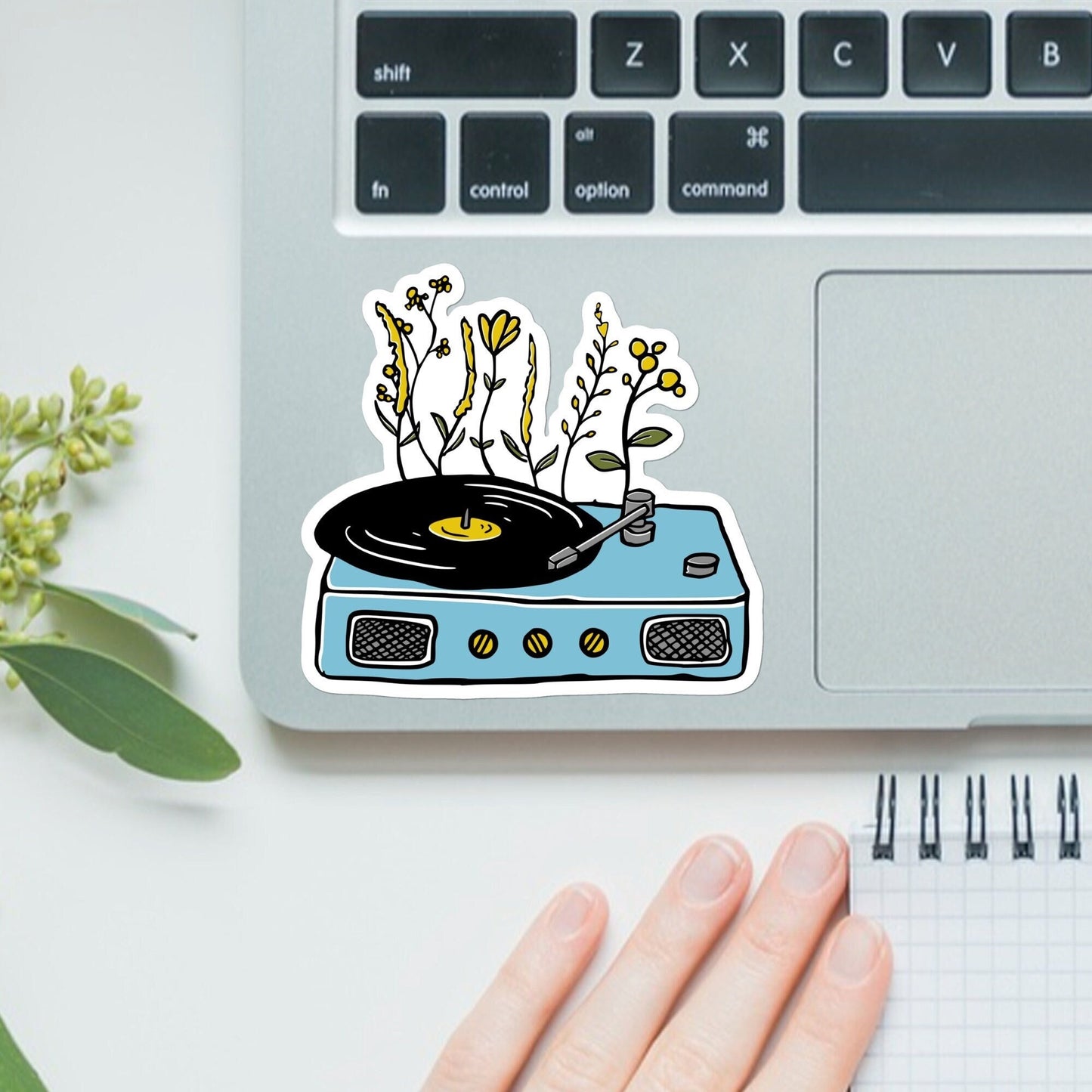 Vintage look sticker, hippie sticker, waterproof vinyl sticker, water bottle sticker, laptop sticker, record player, vinyl player floral