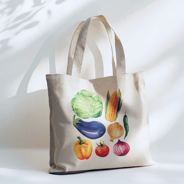 Watercolor Vegetable Tote Bag - 15” x 16” (38cm x 40cm) High Quality Canvas Tote Bags