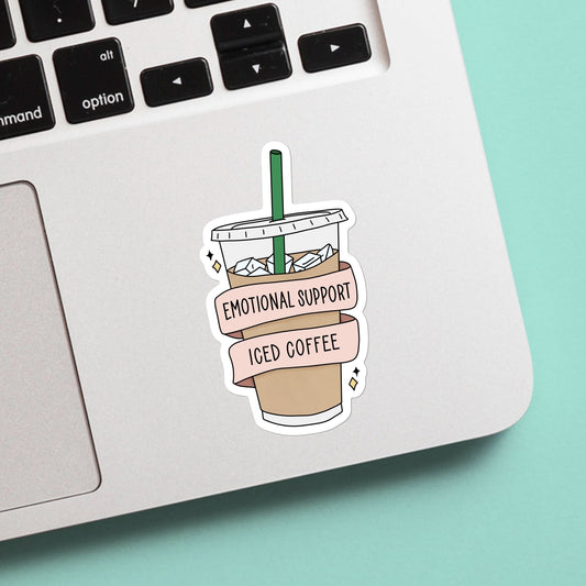Funny emotional support iced coffee sticker - vinyl sticker laptop illustrated | coworker gift, coffee lover sticker gift