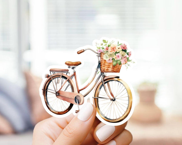 Cute Pink Vintage Bicycle with Flower Basket Sticker - Cute Sticker, vinyl decal, gift for her, unique watercolor, for laptop, bottle