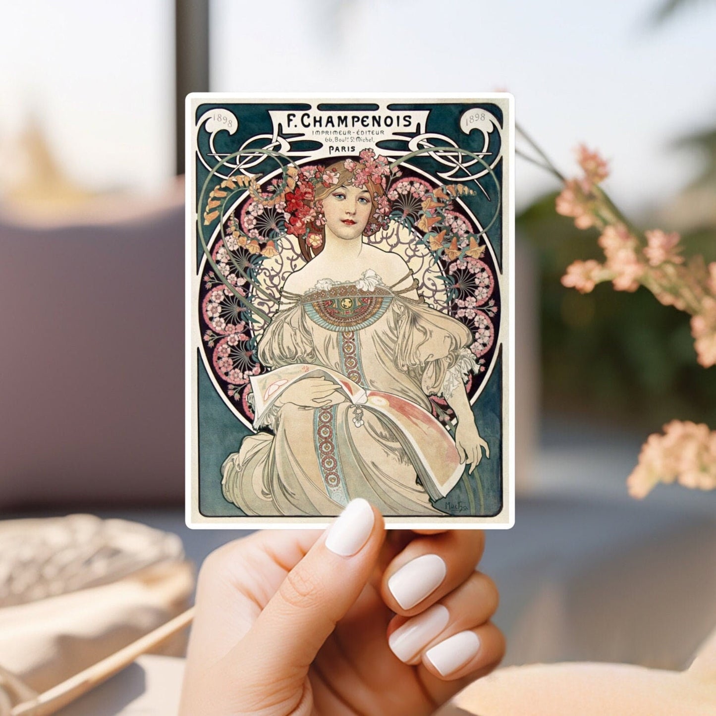 F. champenois imprimeur-editeur, by alphonse mucha sticker | for water bottle, hardhat, skateboard, laptop, phone case, weatherproof, vinyl