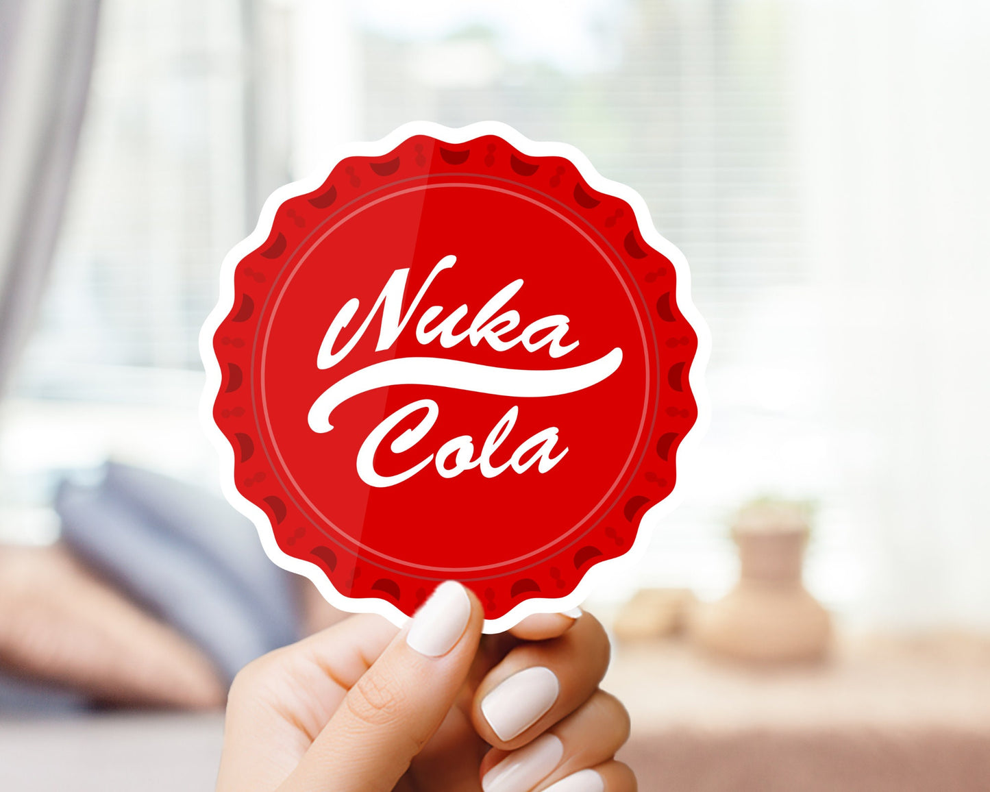 Nuka Cola Bottle Cap Sticker - For Gamers, Gifts for him and her, for Laptop, Water Bottle, Skateboard, CellPhone, Vault Dwellers, Wasteland