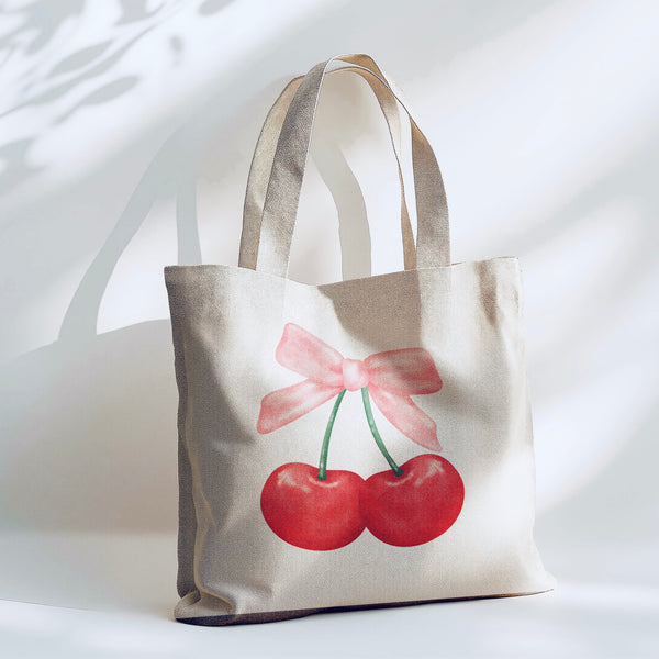 Cherry Coquette Bow Tote Bag - 15” x 16” (38cm x 40cm) High Quality Canvas Tote Bags
