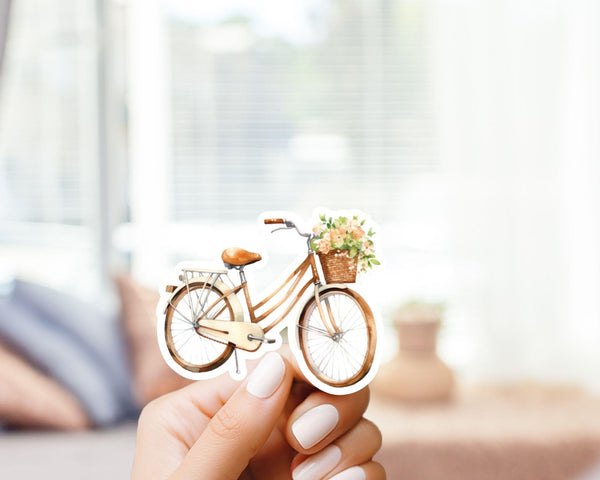 Cute Light Yellow Vintage Bicycle with Flower Basket Sticker - Cute Sticker, vinyl decal, gift for her, unique watercolor, for laptop