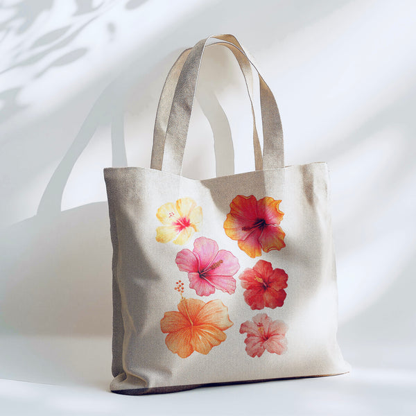 Watercolor Floral Hibiscus Tote Bag - 15” x 16” (38cm x 40cm) High Quality Canvas Tote Bags
