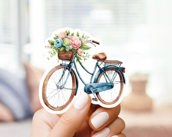 Cute Blue Vintage Bicycle with Flower Basket Sticker - Cute Sticker, vinyl decal, gift for her, unique watercolor, for laptop, bottle