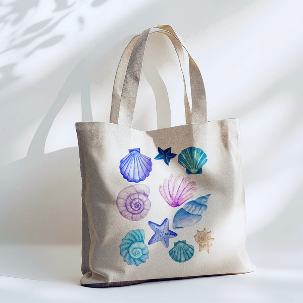 Aqua Sea Shells Tote Bag - 15” x 16” (38cm x 40cm) High Quality Canvas Tote Bags
