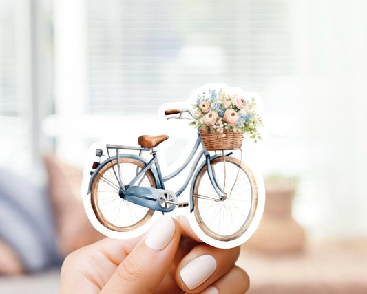 Cute Blue Vintage Bicycle with Flower Basket Sticker - Cute Sticker, vinyl decal, gift for her, unique watercolor, for laptop, bottle