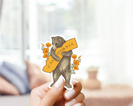 California Bear Hugging California with Poppy Sticker - California