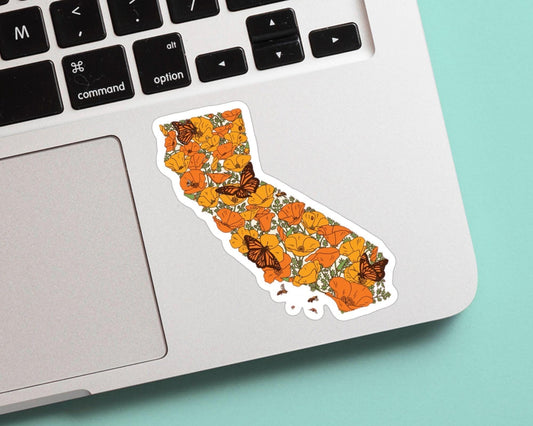 California Poppy and Butterflies California Sticker - California, SO CAL, Los Angeles, Vinyl Sticker, Cute, Floral, Gift for him her