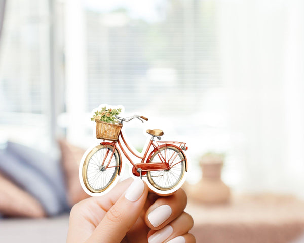Cute Red Vintage Bicycle with Flower Basket Sticker - Cute Sticker, vinyl decal, gift for her, unique watercolor, for laptop, bottle