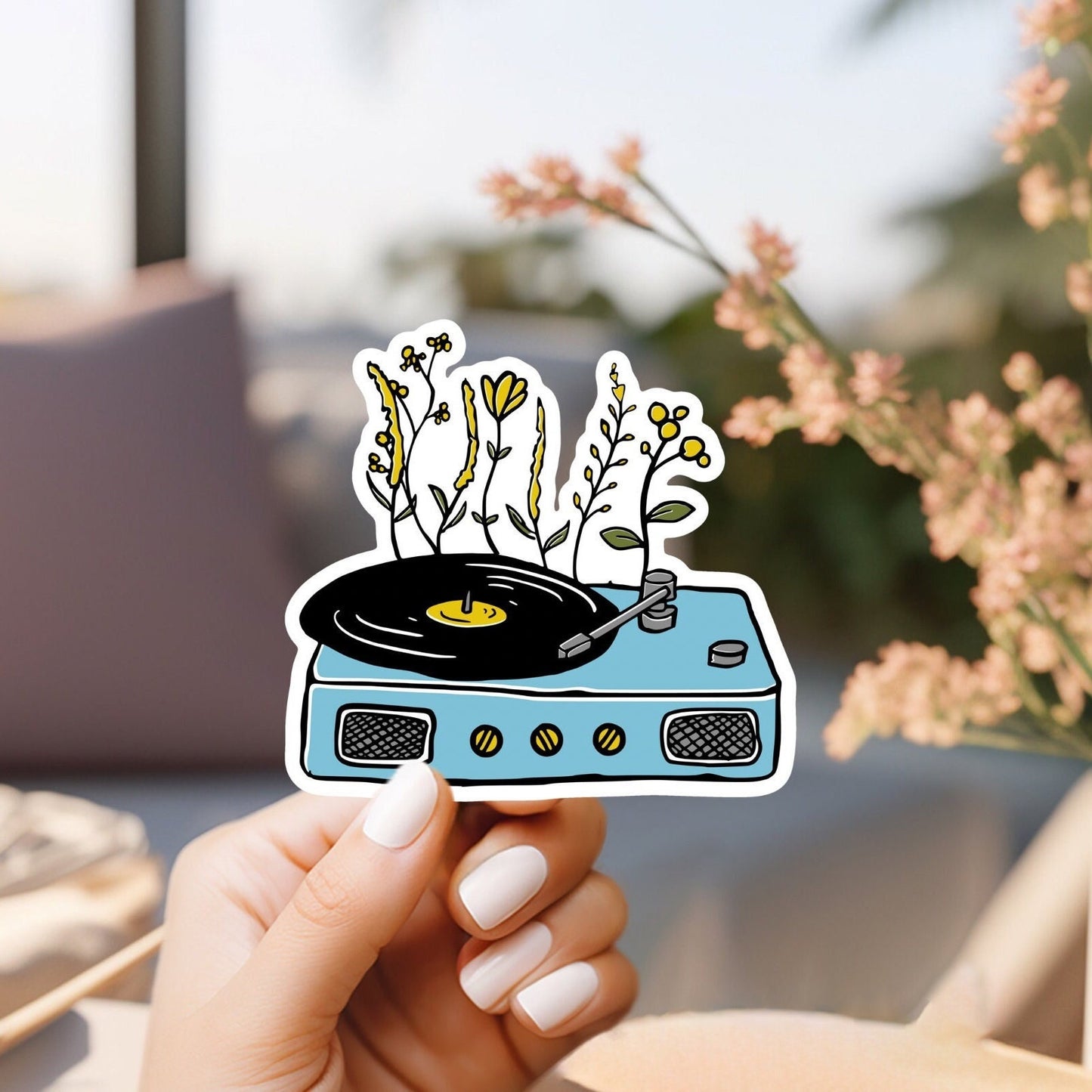 Vintage look sticker, hippie sticker, waterproof vinyl sticker, water bottle sticker, laptop sticker, record player, vinyl player floral