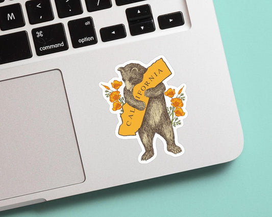 California Bear Hugging California with Poppy Sticker - California