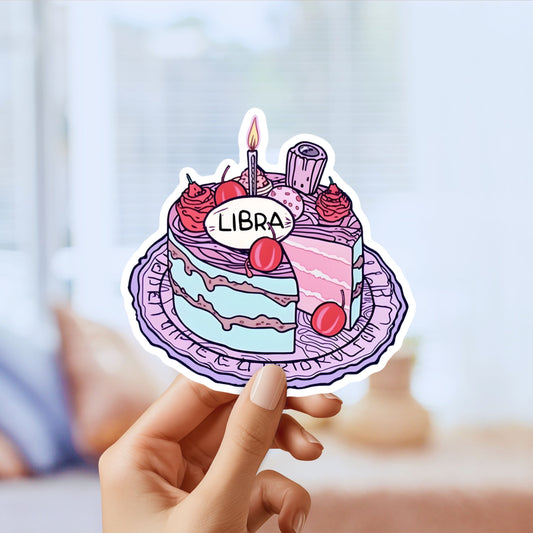 Libra Zodiac Astrological Birthday Cake Sticker - Funny, Cute, Stickers, for Notebook, Laptop, Water Bottle, Helmet Gift for him and her