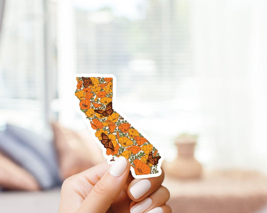 California Poppy and Butterflies California Sticker - California, SO CAL, Los Angeles, Vinyl Sticker, Cute, Floral, Gift for him her