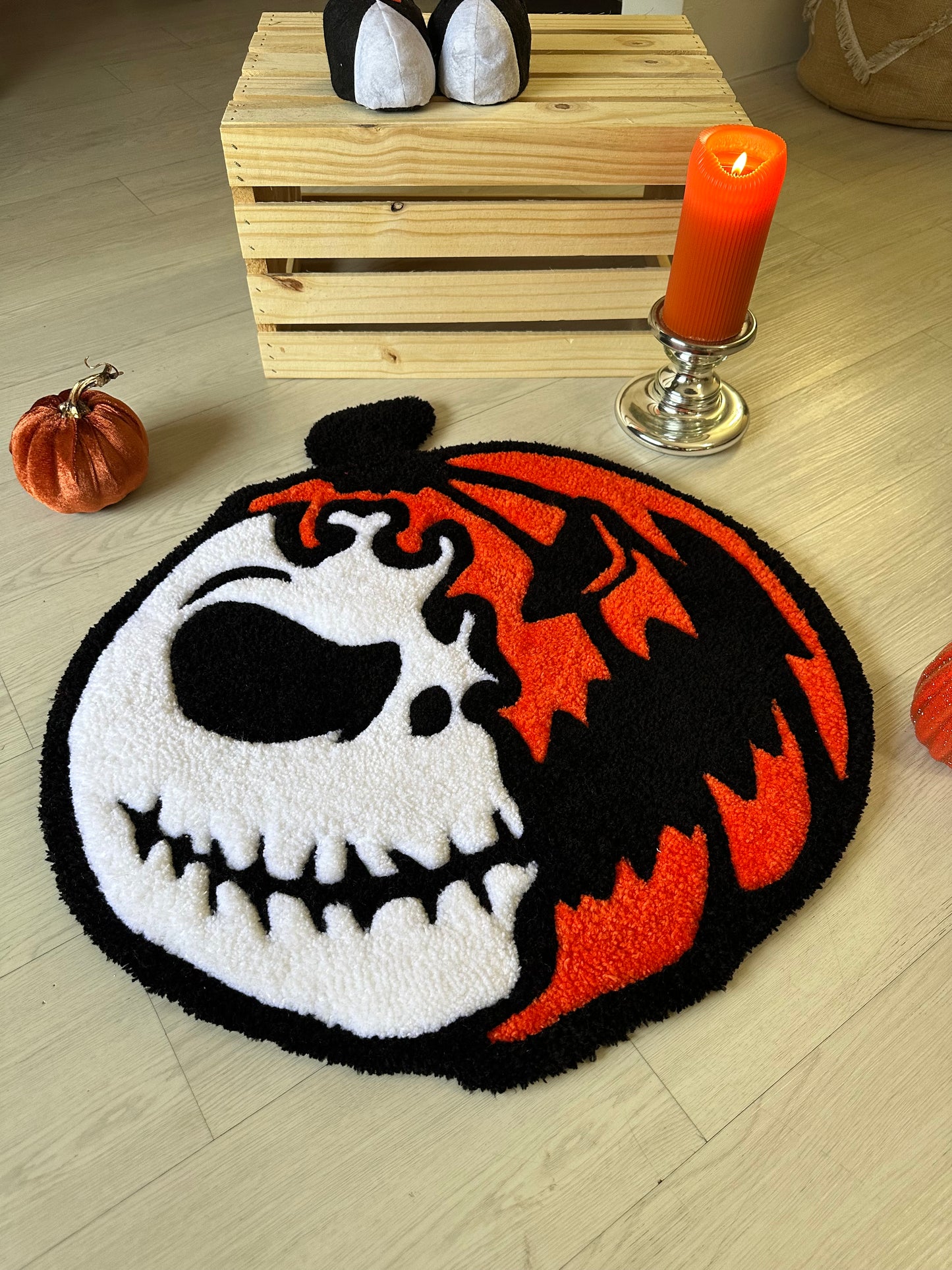 Jack Skellington / Jack-o-lantern inspired pumpkin rug - custom handmade