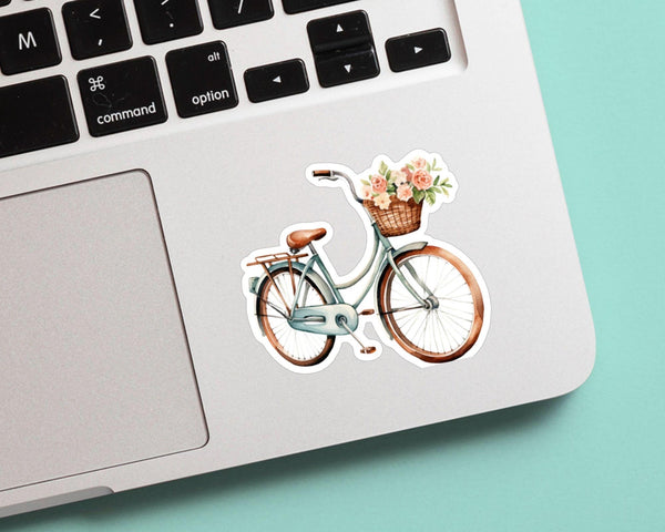 Cute Sky Blue Vintage Bicycle with Flower Basket Sticker - Cute Sticker, vinyl decal, gift for her, unique watercolor, for laptop, bottle
