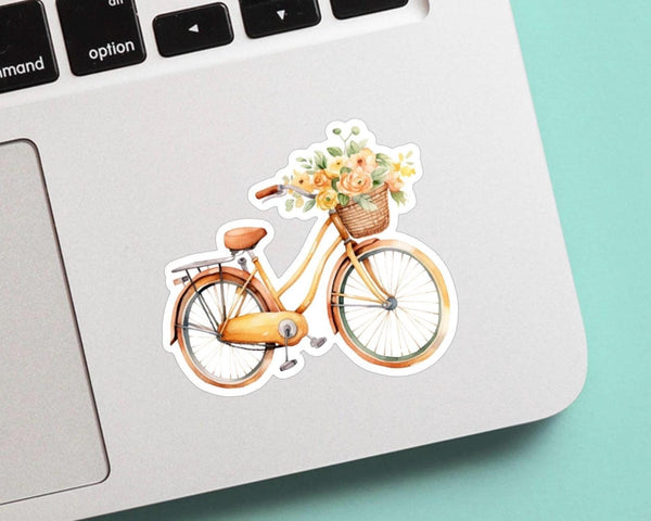 Cute Yellow Vintage Bicycle with Flower Basket Sticker - Cute Sticker, vinyl decal, gift for her, unique watercolor, for laptop, bottle