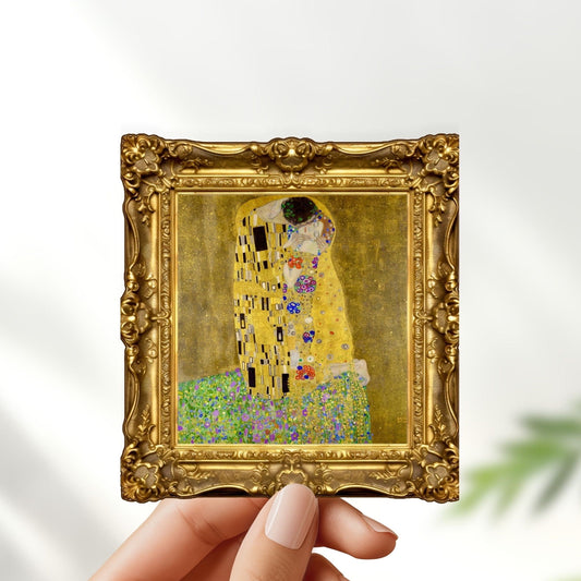 The kiss by gustav klimt in frame sticker - for art lovers, water bottle, cellphone, case, laptop, weatherproof, artwork, gustav klimt
