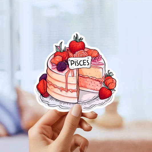 Pisces Zodiac Astrological Birthday Cake Sticker - Funny, Cute, Stickers, for Notebook, Laptop, Water Bottle, Helmet Gift for him and her
